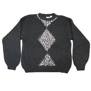 Vtg JJ Cochran Sweater M Black‎ White Diamond 3D Knit Crewneck Grandpa 80s 90s